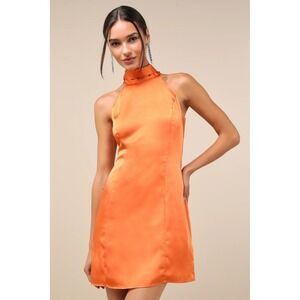 Lulus Infinite Admiration Orange Satin Halter Bow Back Mini Cocktail Dress Large